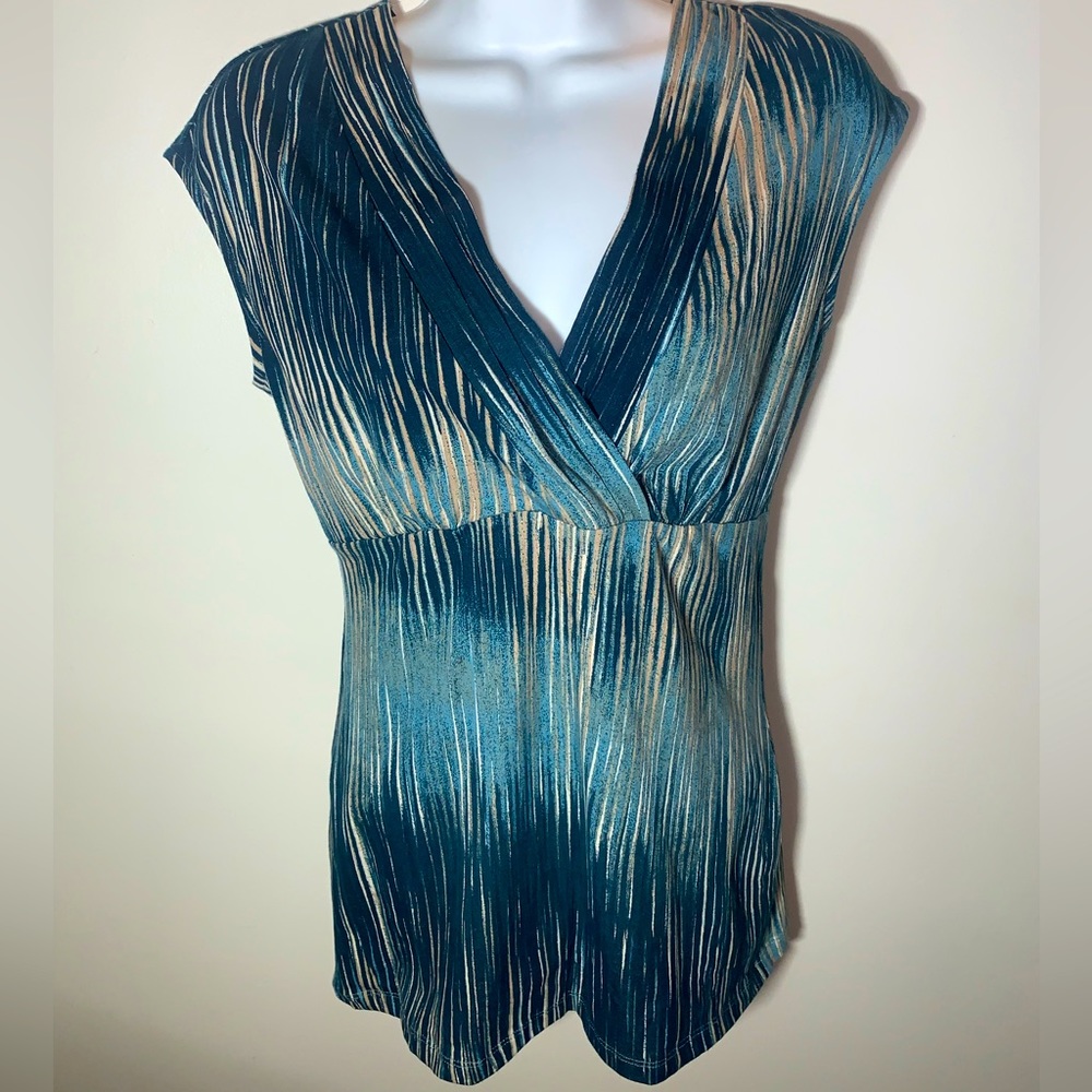 NWT Ann Taylor V-Neck Empire Waist Top/Multi-Colored-Tan,Teal,White/Cotton/Small
